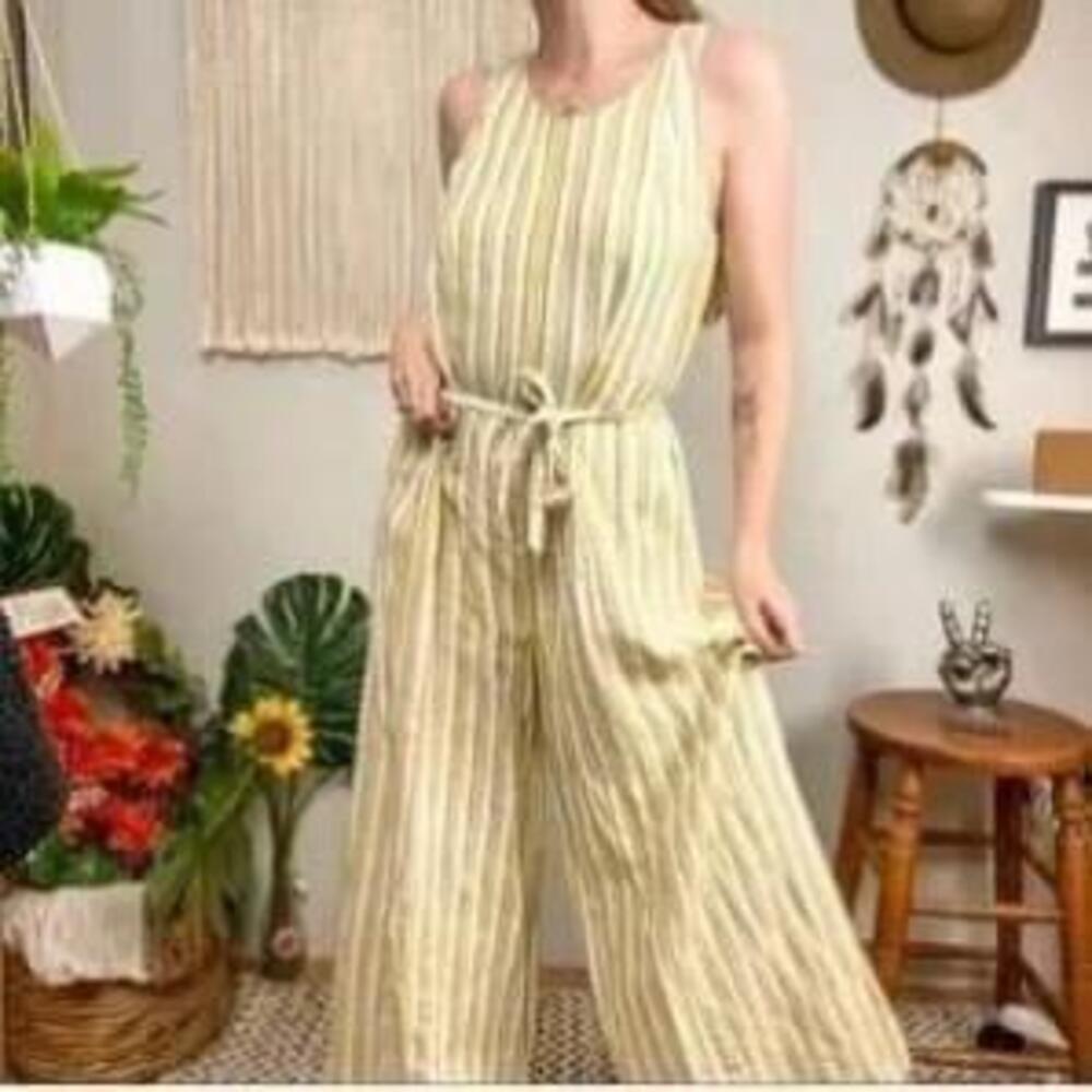 Women's Rachel Zoe Yellow Striped Linen Jumpsuit Size 10 flawed